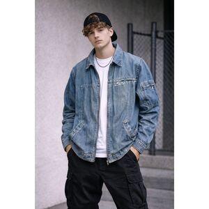 Oversized Blue Denim Utility Jacket Full Zip Boxy Fit Workwear Y2K Men’s XL